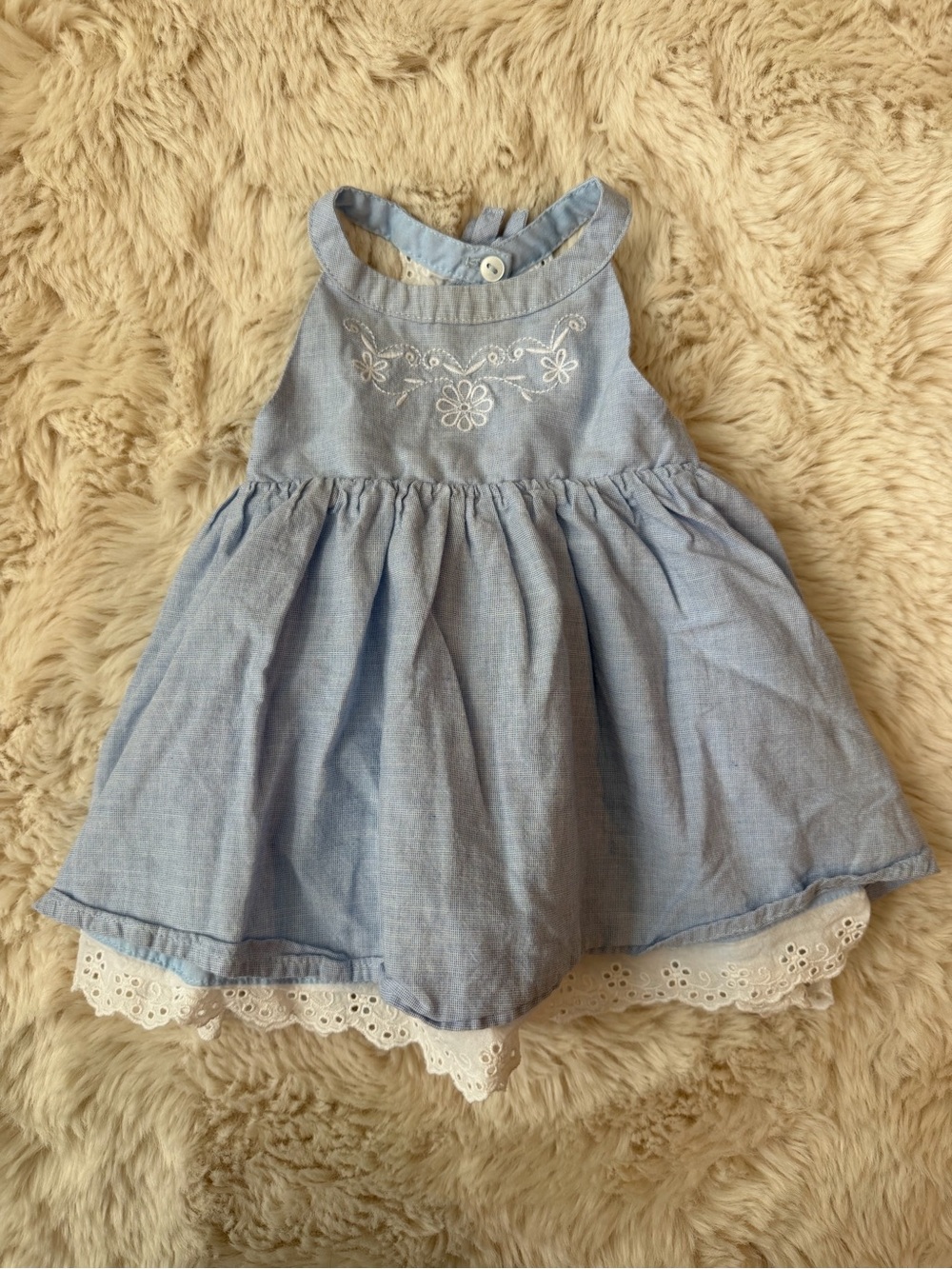 Light Blue Embroidered Chambray Girls' Dress with Lace Hem